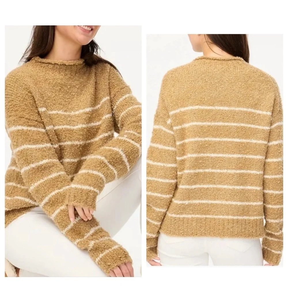 NWT J.Crew Women's Boucle Striped Mock Neck Sweater Camel Brown BV432 Size L